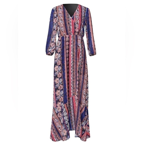 Venus women’s printed striped maxi dress 3/4 sheer sleeves v neckline size 6 - Picture 1 of 17
